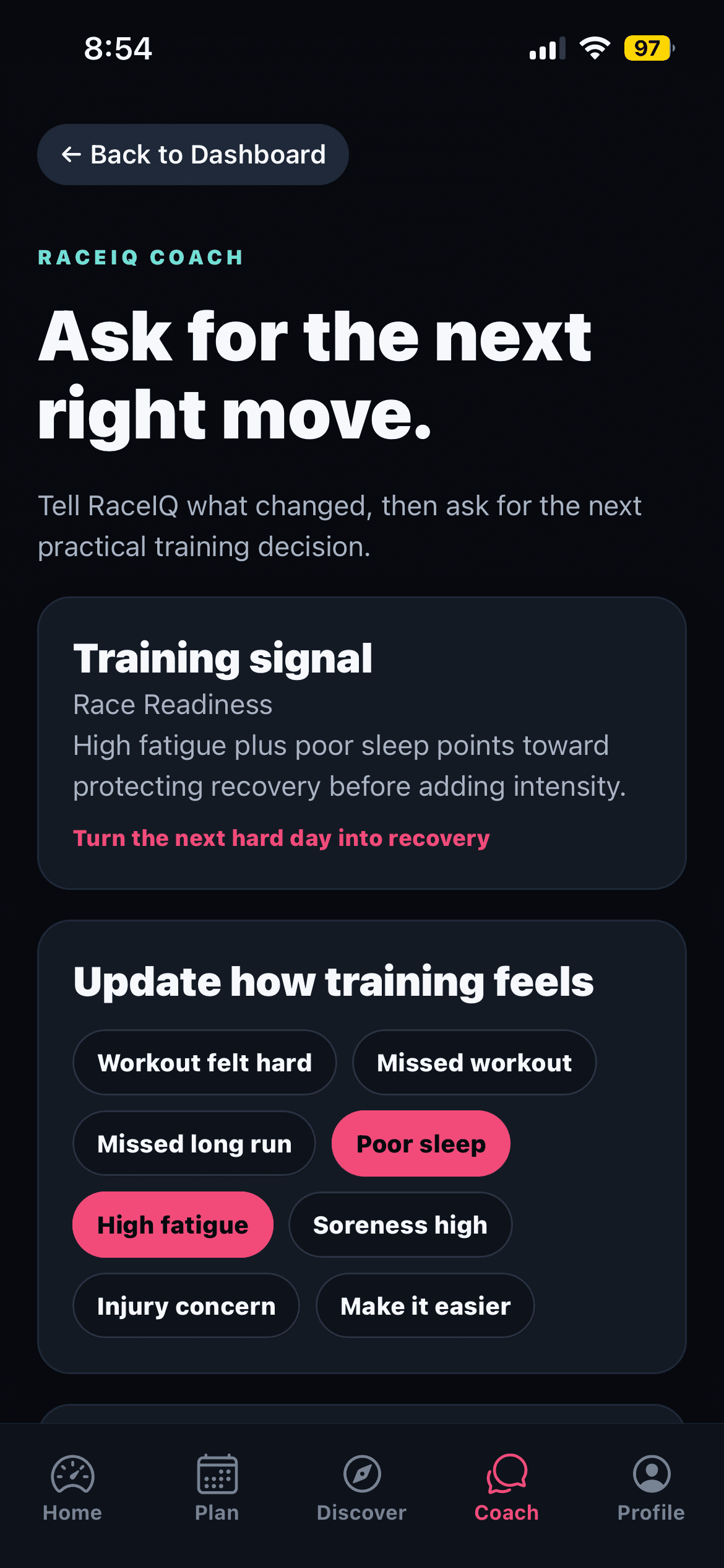 RaceIQ Coach screenshot showing training signal and recovery guidance