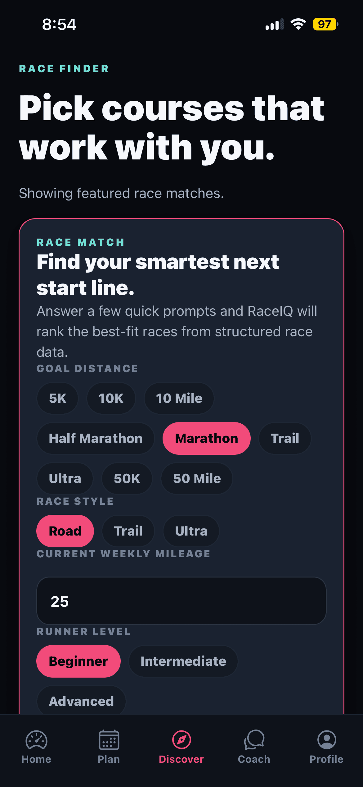 RaceIQ race finder screenshot showing course matching prompts